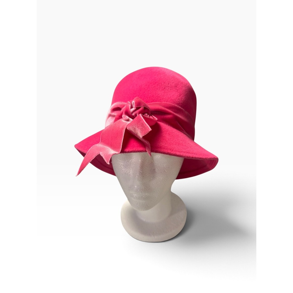Vintage Carol Body Made in Italy Hot Pink Felt Cloche Hat Velvet Bow Nashville